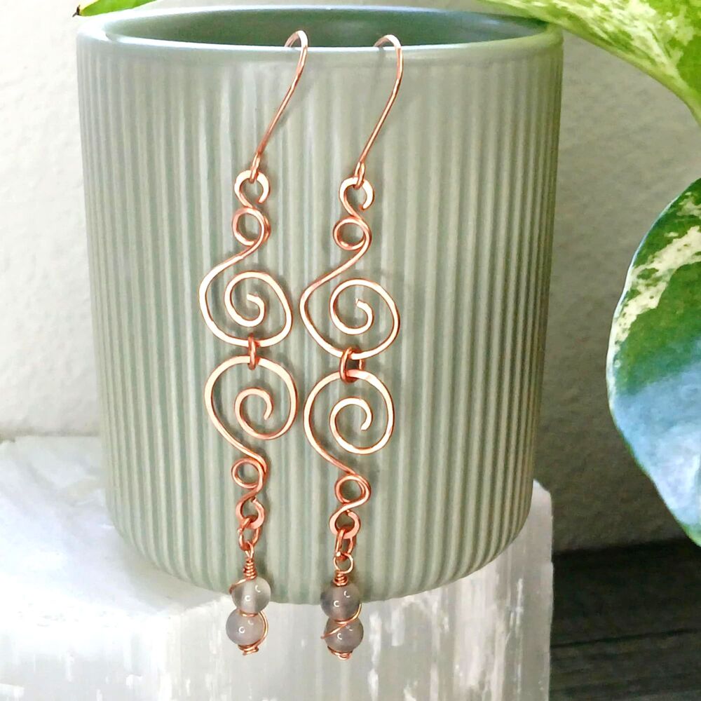 BOGO EARRINGS Long Boho Agate Crystal Dangle Earrings, Hammered Copper Gemstone